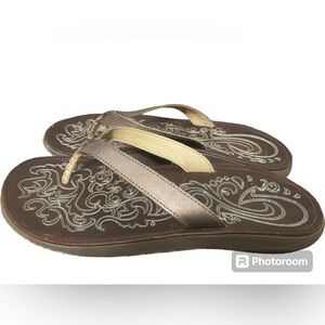 Olukai Polukai Paniolo Leather Flip Flops Sandals Natural Brown